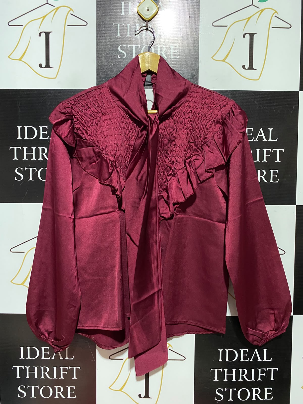 FEMME LUXE |L| BUST 20| B49| LUXURY BURGUNDY SATIN BLOUSE - SMOCKED YOKE TIE NECK LONG BALLOON SLEEVE RUFFLED TOP