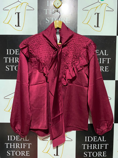 FEMME LUXE |L| BUST 20| B49| LUXURY BURGUNDY SATIN BLOUSE - SMOCKED YOKE TIE NECK LONG BALLOON SLEEVE RUFFLED TOP