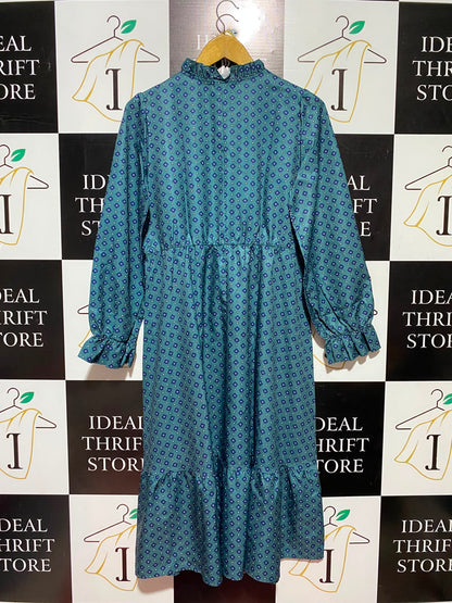 SHEIN |S| BUST 19| B49| RUFFLE COLLAR TIE FRONT LONG SLEEVE ELASTIC WAIST TIERED DRESS