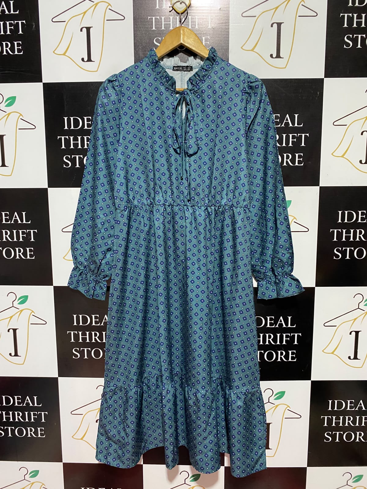 SHEIN |S| BUST 19| B49| RUFFLE COLLAR TIE FRONT LONG SLEEVE ELASTIC WAIST TIERED DRESS