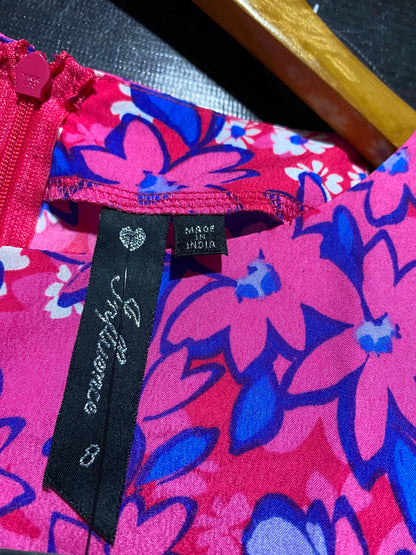 INFLUENCE |S| BUST 15| B49| VIBRANT PINK & BLUE FLORAL MIDI DRESS - SHORT FLUTTER SLEEVE EMPIRE WAIST CASUAL MAXI DRESS