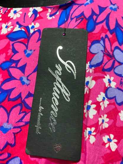 INFLUENCE |S| BUST 15| B49| VIBRANT PINK & BLUE FLORAL MIDI DRESS - SHORT FLUTTER SLEEVE EMPIRE WAIST CASUAL MAXI DRESS