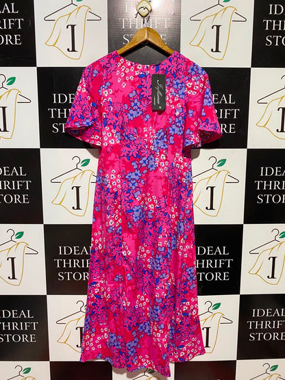 INFLUENCE |S| BUST 15| B49| VIBRANT PINK & BLUE FLORAL MIDI DRESS - SHORT FLUTTER SLEEVE EMPIRE WAIST CASUAL MAXI DRESS