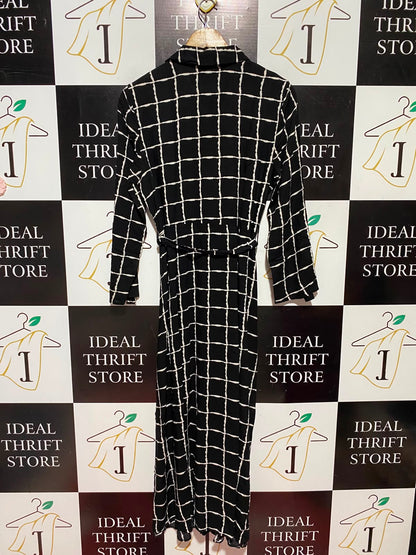 PRIMARK |M| BUST 19| B49| BLACK & WHITE GRID SHIRT DRESS - MIDI MAXI BELTED BUTTON FRONT LONG SLEEVE DRESS