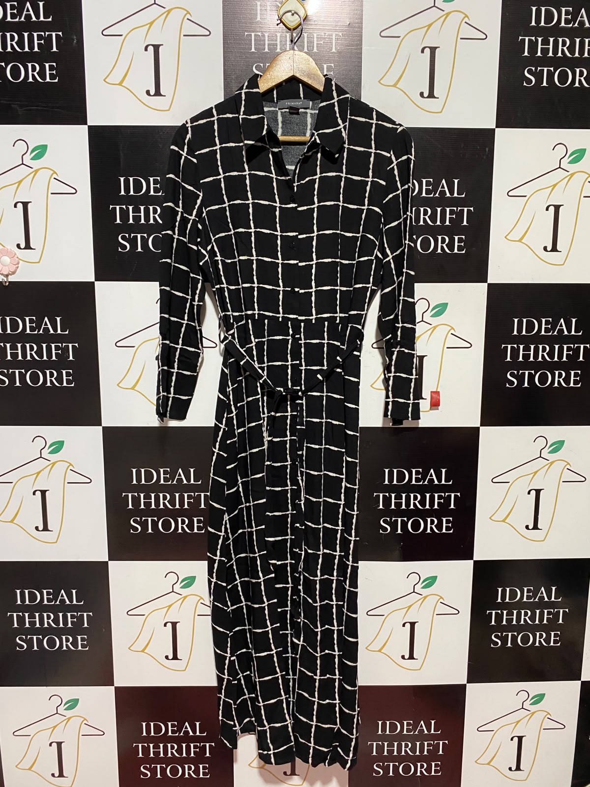 PRIMARK |M| BUST 19| B49| BLACK & WHITE GRID SHIRT DRESS - MIDI MAXI BELTED BUTTON FRONT LONG SLEEVE DRESS