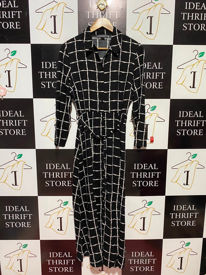 PRIMARK |M| BUST 19| B49| BLACK & WHITE GRID SHIRT DRESS - MIDI MAXI BELTED BUTTON FRONT LONG SLEEVE DRESS