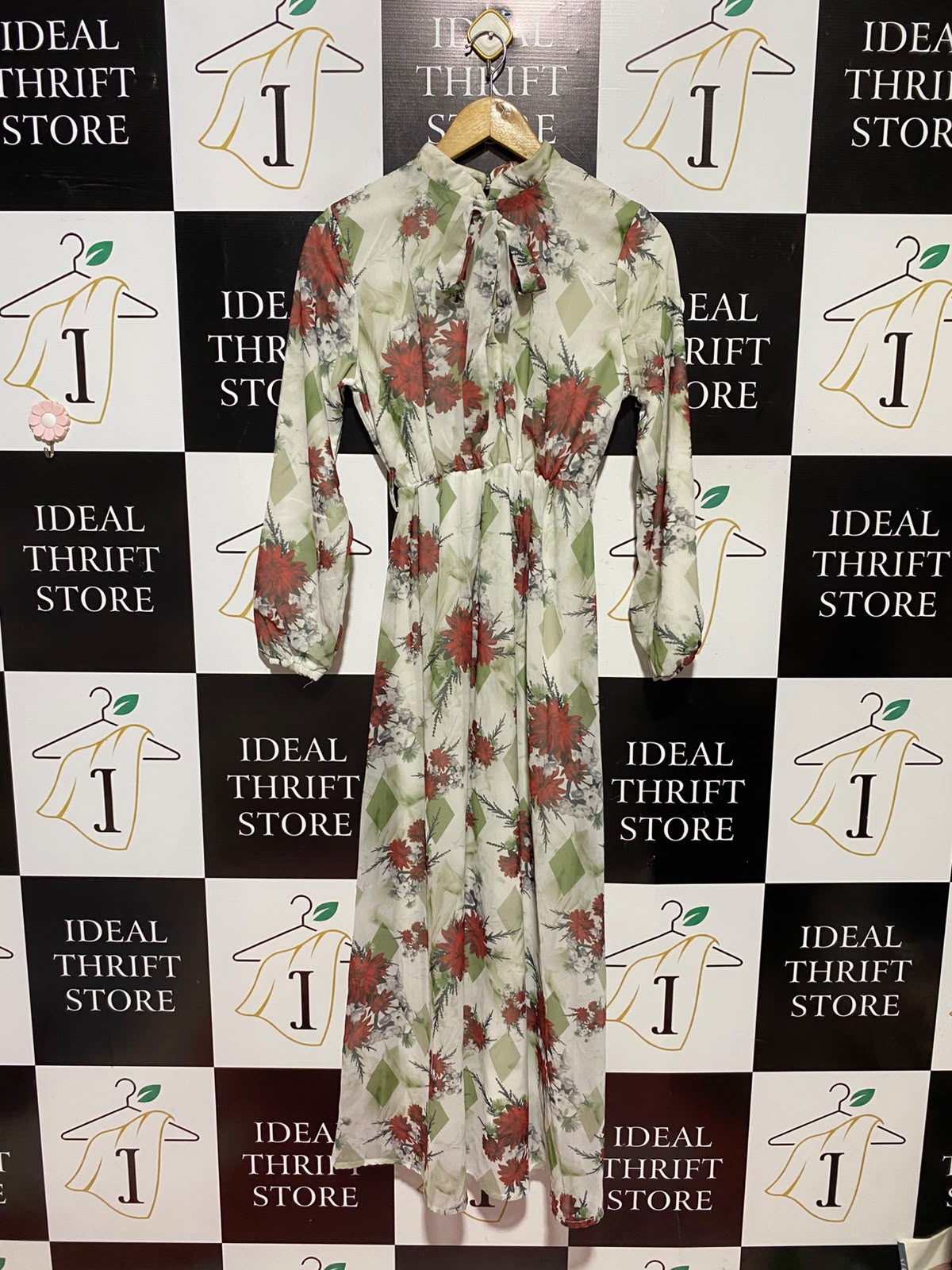 IKILI MODA |S| BUST 15| B49| ELEGANT VINTAGE FLORAL MAXI DRESS WITH BOW NECK AND LONG SLEEVES