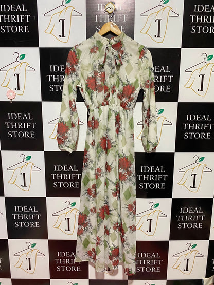 IKILI MODA |S| BUST 15| B49| ELEGANT VINTAGE FLORAL MAXI DRESS WITH BOW NECK AND LONG SLEEVES