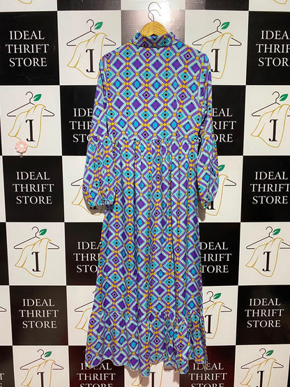 SHEIN |M| BUST 17| B49| VIBRANT RETRO GEOMETRIC PRINT MAXI SHIRT DRESS WITH LONG SLEEVES