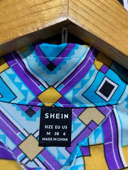 SHEIN |M| BUST 17| B49| VIBRANT RETRO GEOMETRIC PRINT MAXI SHIRT DRESS WITH LONG SLEEVES