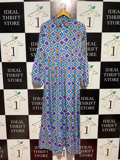 SHEIN |M| BUST 17| B49| VIBRANT RETRO GEOMETRIC PRINT MAXI SHIRT DRESS WITH LONG SLEEVES