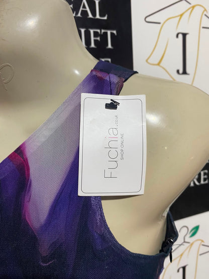 NAA NAA |S| BUST 15| B49| SULTRY ONE-SHOULDER PURPLE ABSTRACT PRINT RUCHE MINI DRESS