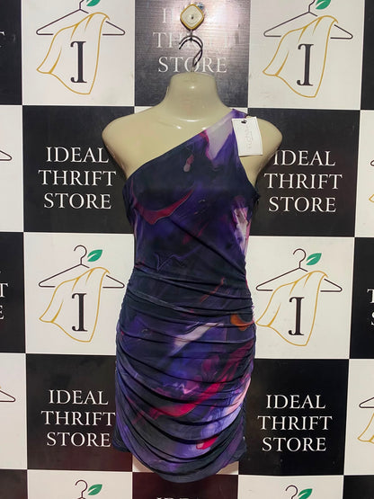 NAA NAA |S| BUST 15| B49| SULTRY ONE-SHOULDER PURPLE ABSTRACT PRINT RUCHE MINI DRESS