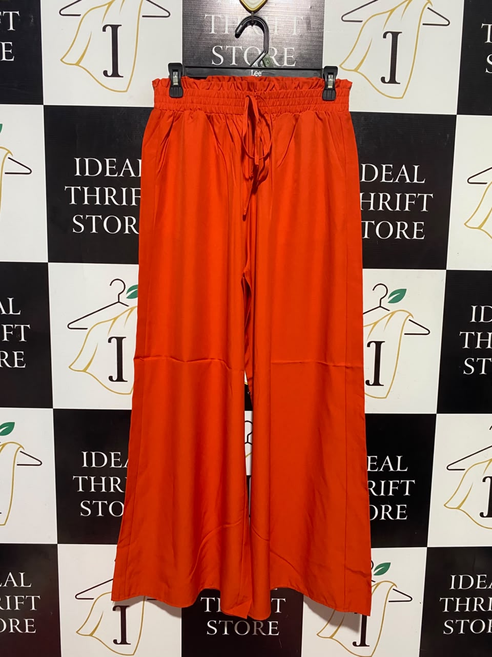 |L| WAIST 29| B48| VIBRANT ORANGE-RED WIDE-LEG PALAZZO TROUSERS WITH DRAWSTRING WAIST