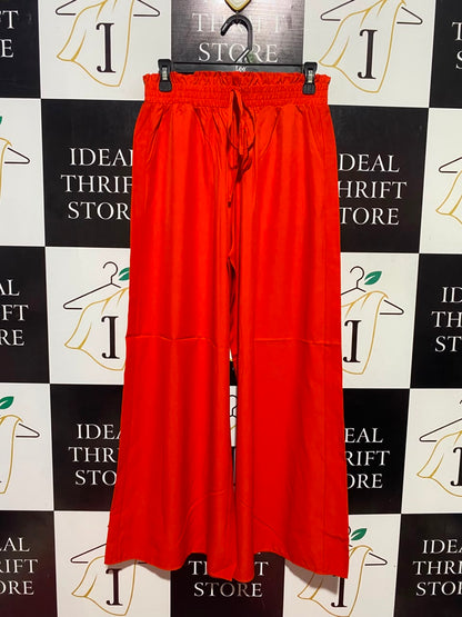 |L| WAIST 29| B48| VIBRANT ORANGE-RED WIDE-LEG PALAZZO TROUSERS WITH DRAWSTRING WAIST