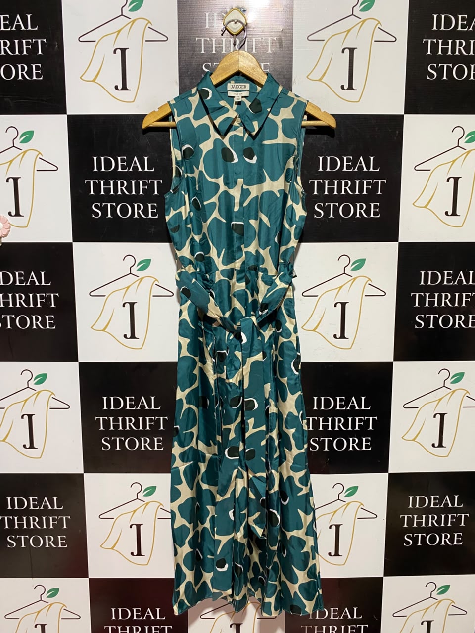 JAEGER |M| BUST 18| B48| CHIC TEAL ABSTRACT FLORAL SLEEVELESS SHIRT DRESS WITH MATCHING BELT