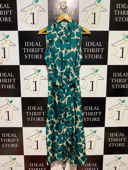 JAEGER |M| BUST 18| B48| CHIC TEAL ABSTRACT FLORAL SLEEVELESS SHIRT DRESS WITH MATCHING BELT