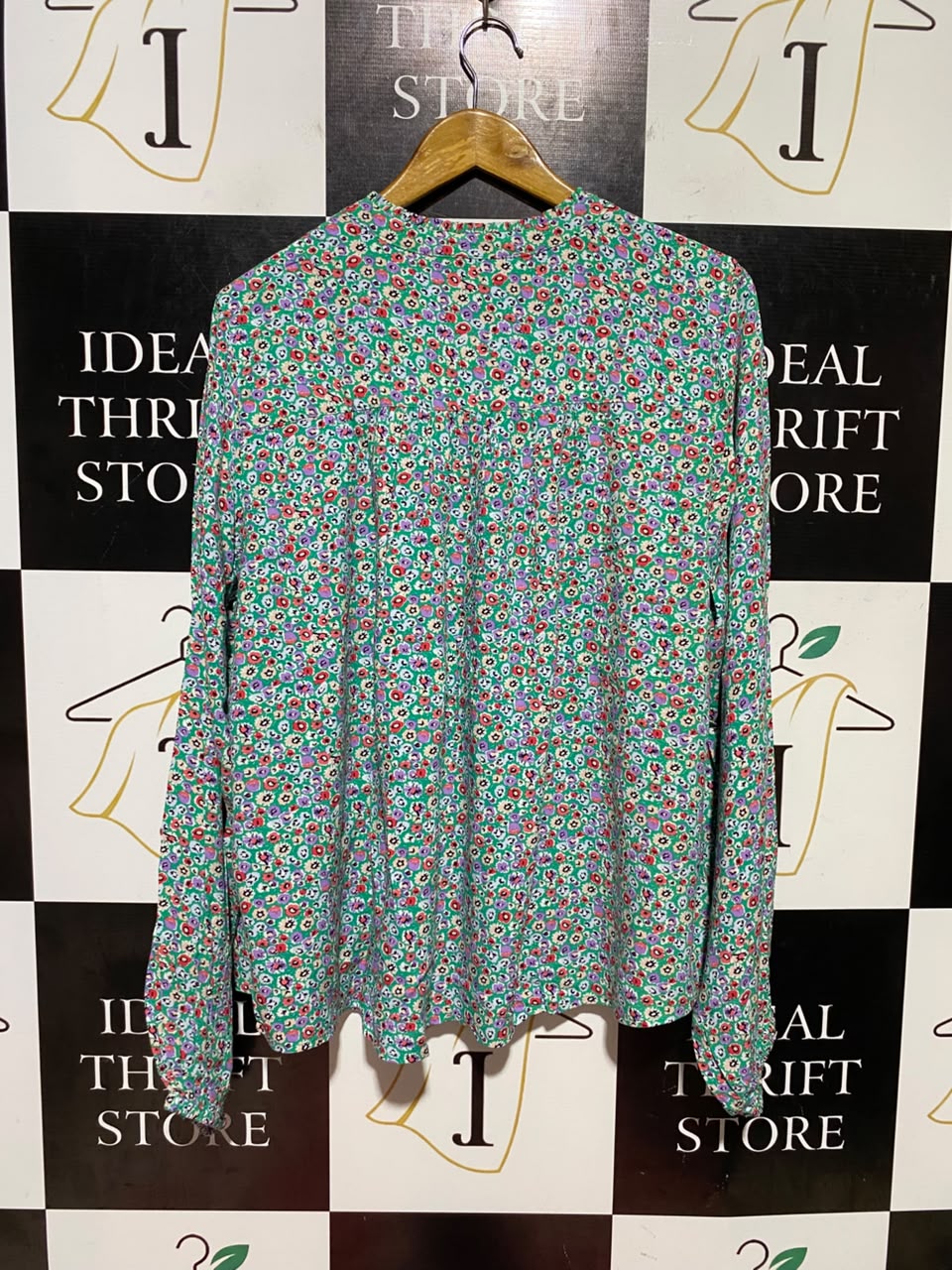 M&S |L| BUST 24| B48| VIBRANT GREEN DITSY FLORAL V-NECK BLOUSE WITH LONG SLEEVES