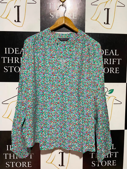 M&S |L| BUST 24| B48| VIBRANT GREEN DITSY FLORAL V-NECK BLOUSE WITH LONG SLEEVES