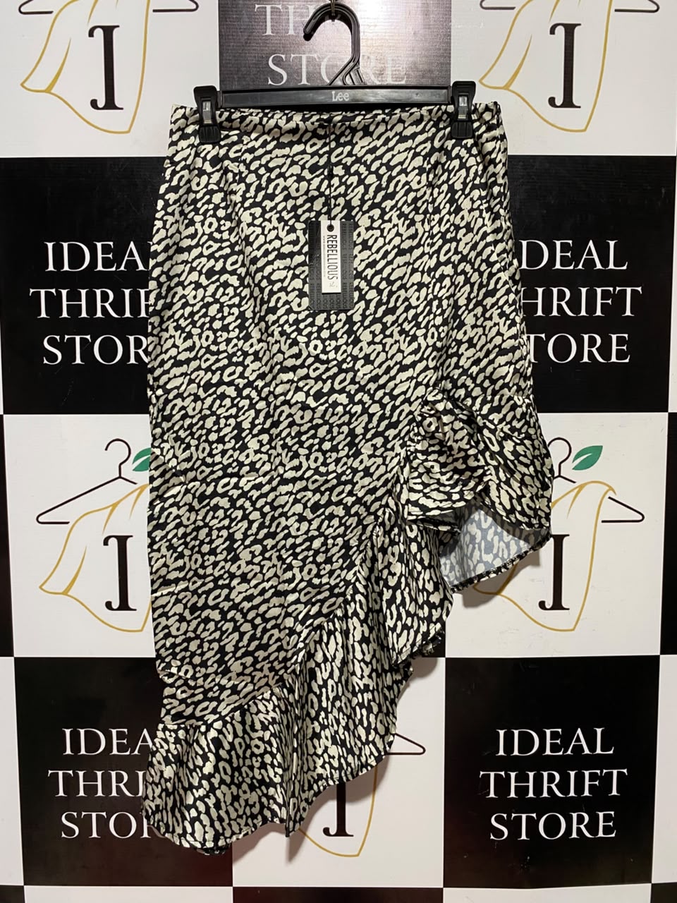 REBELLIOUS |M| WAIST 28| B48| STYLISH LEOPARD PRINT ASYMMETRICAL MIDI SKIRT WITH CASCADE RUFFLE HEM