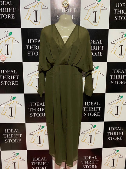 ASOS |M| BUST FREE| B48| OLIVE GREEN WRAP MAXI DRESS WITH DEEP V-NECK AND SHEER OVERLAY