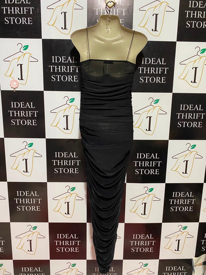 PRETTYLITTLE THING |S| BUST 14| B48| BLACK SLINKY RUCHED BODYCON MAXI DRESS WITH SPAGHETTI STRAPS