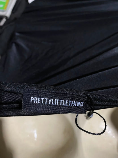 PRETTYLITTLE THING |S| BUST 14| B48| BLACK SLINKY RUCHED BODYCON MAXI DRESS WITH SPAGHETTI STRAPS