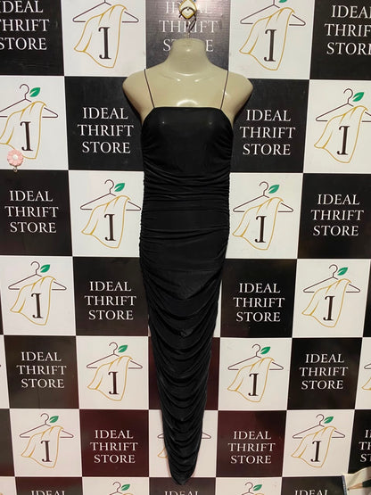 PRETTYLITTLE THING |S| BUST 14| B48| BLACK SLINKY RUCHED BODYCON MAXI DRESS WITH SPAGHETTI STRAPS