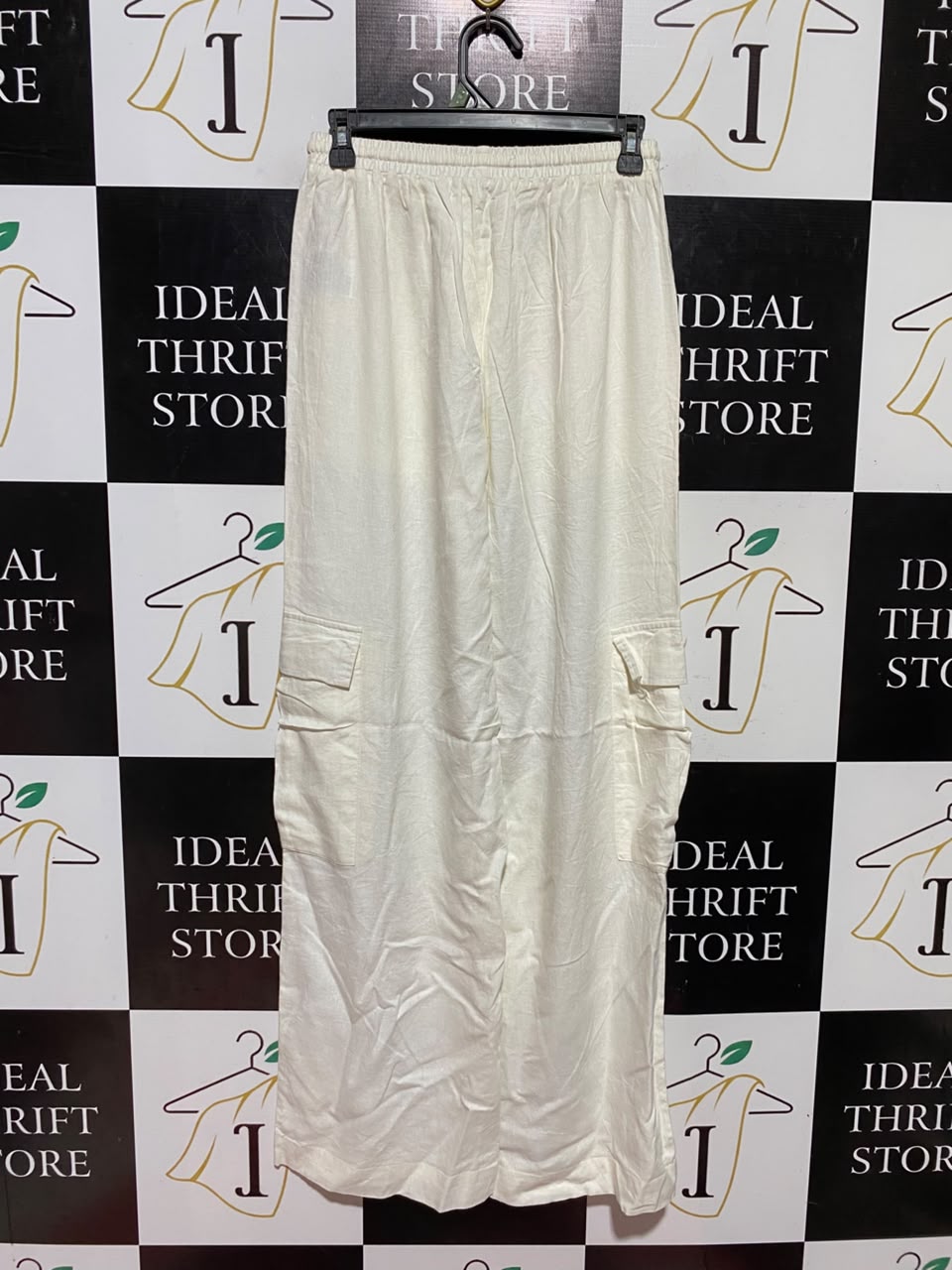 COTTON ON |S| WAIST 26| B48| CREAM LINEN-BLEND WIDE-LEG CARGO PANTS
