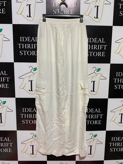 COTTON ON |S| WAIST 26| B48| CREAM LINEN-BLEND WIDE-LEG CARGO PANTS