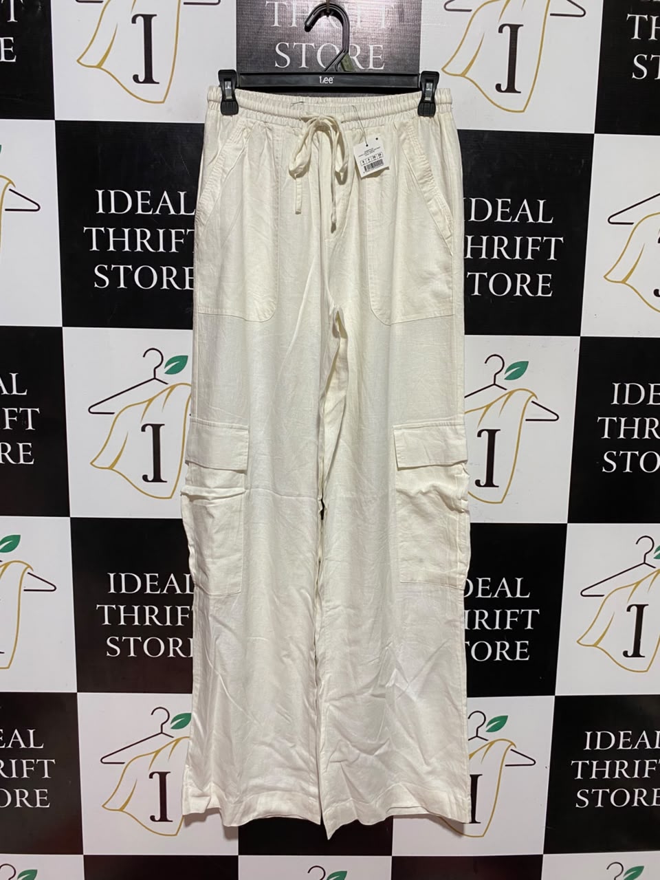 COTTON ON |S| WAIST 26| B48| CREAM LINEN-BLEND WIDE-LEG CARGO PANTS