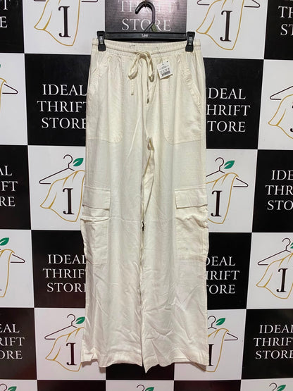COTTON ON |S| WAIST 26| B48| CREAM LINEN-BLEND WIDE-LEG CARGO PANTS