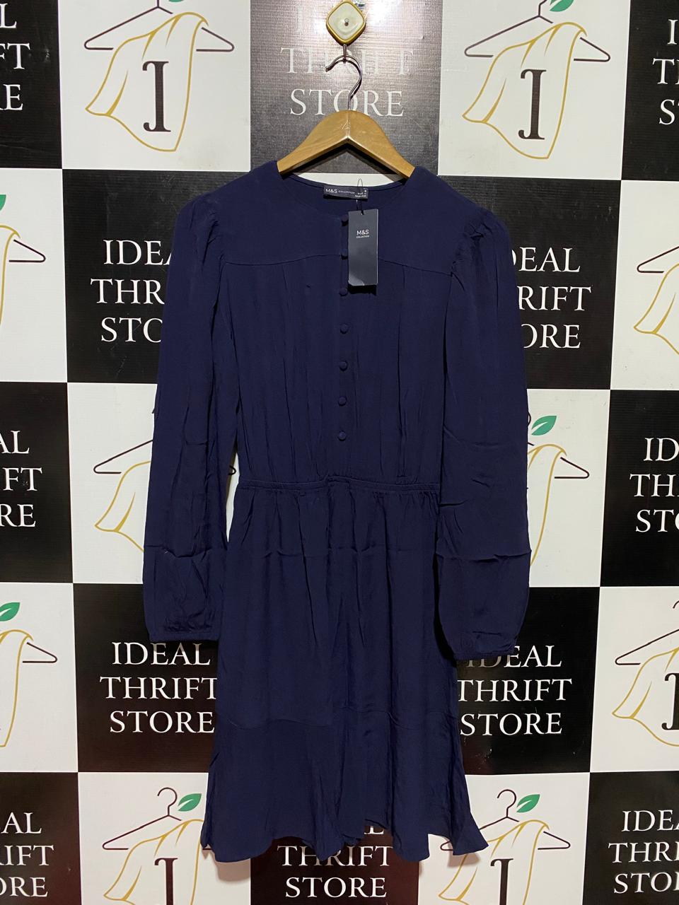 M&S |S| BUST 16| B46| NAVY BLUE LONG SLEEVE ELASTIC WAIST TIERED SKIRT MINI DRESS