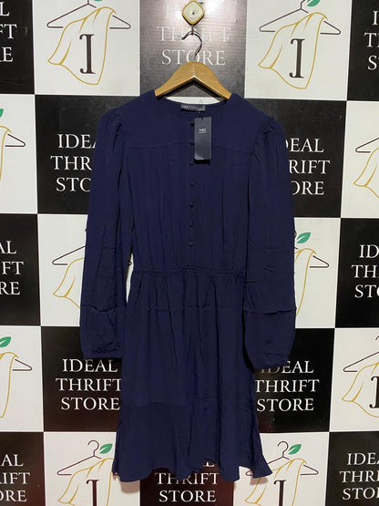 M&S |S| BUST 16| B46| NAVY BLUE LONG SLEEVE ELASTIC WAIST TIERED SKIRT MINI DRESS