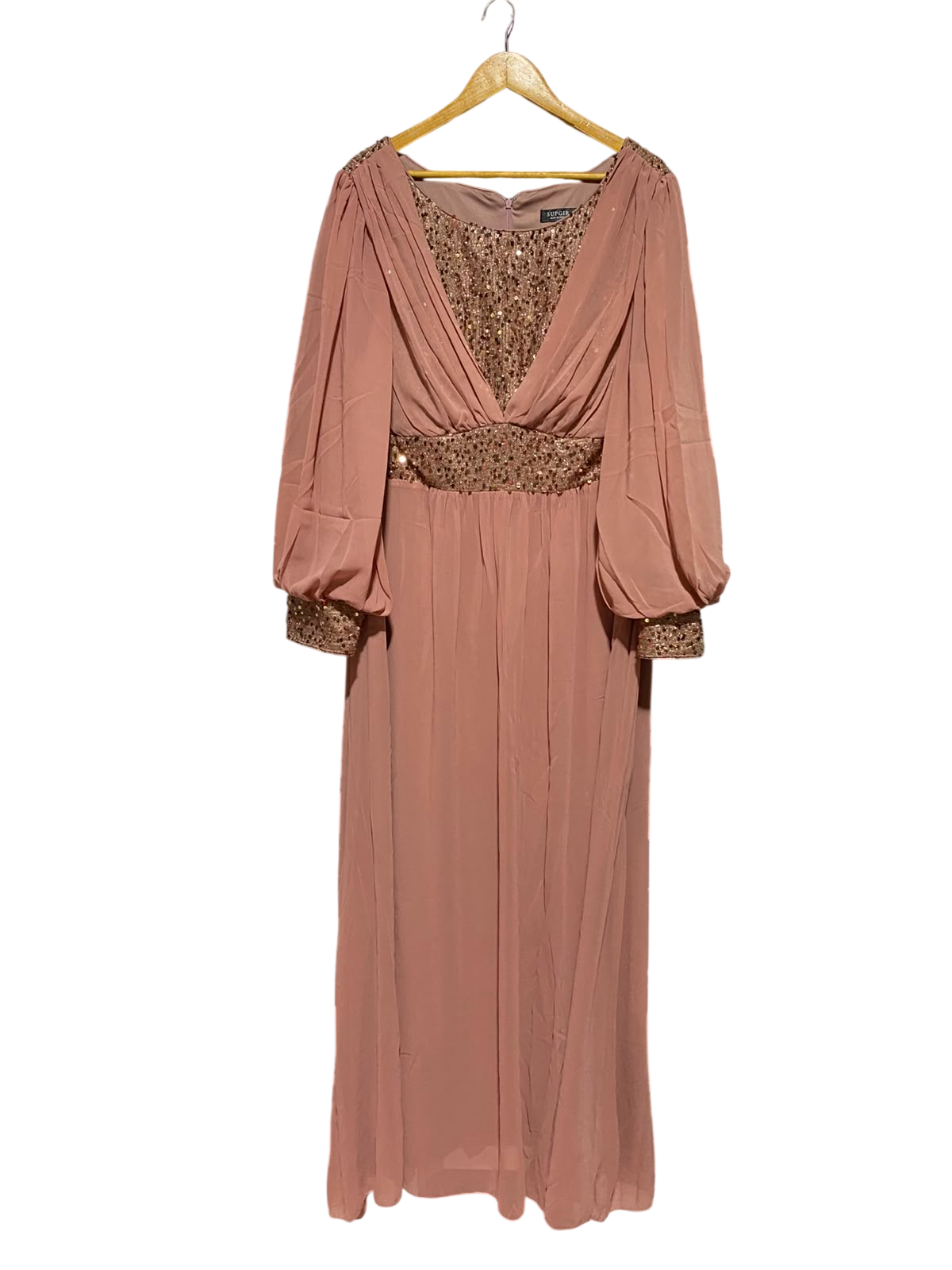 SUPGIR |XL| BUST 22| B49| DUSTY ROSE CHIFFON MAXI GOWN WITH GOLD SEQUIN BODICE AND BALLOON SLEEVES