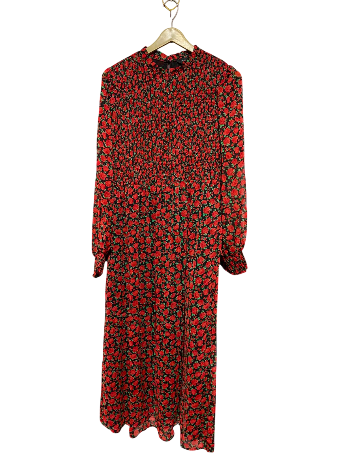 NEW LOOK |L| BUST 19| B49| VIBRANT RED ROSE PRINT SMOCKED BODICE MIDI DRESS WITH LONG SLEEVES AND MOCK NECK