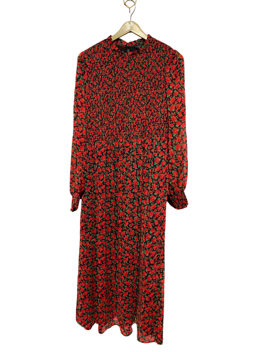 NEW LOOK |L| BUST 19| B49| VIBRANT RED ROSE PRINT SMOCKED BODICE MIDI DRESS WITH LONG SLEEVES AND MOCK NECK