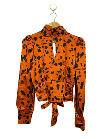 NEW LOOK |M| BUST 17| B49| ORANGE AND BLACK ANIMAL PRINT MOCK NECK SATIN BLOUSE WITH KEYHOLE CUTOUT AND TIE-WAIST