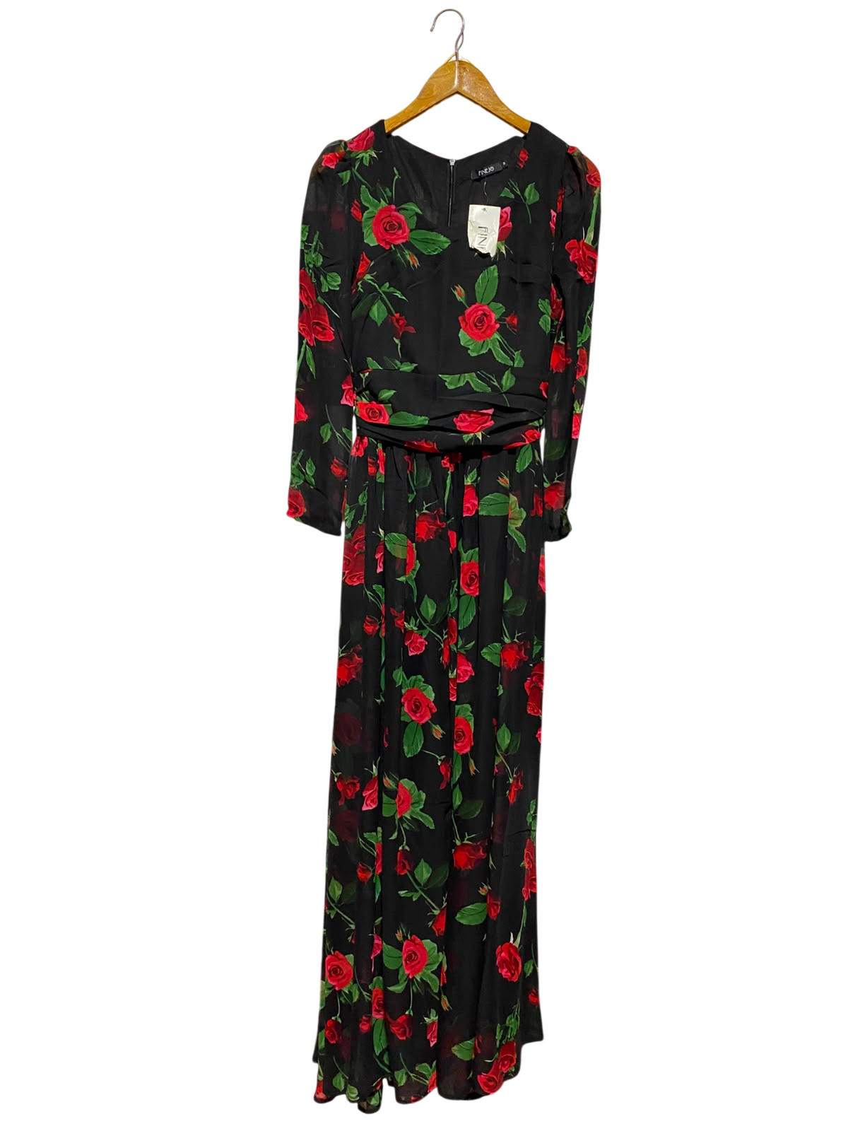 FINEJ |M| BUST 16| B49| BLACK AND RED ROSE PRINT V-NECK MAXI DRESS WITH RUFFLED WAISTBAND AND LONG SLEEVES
