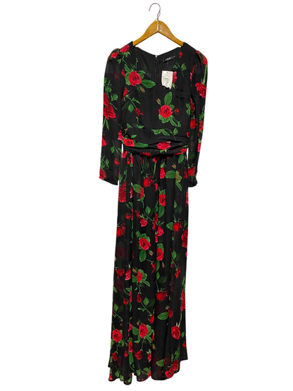 FINEJ |M| BUST 16| B49| BLACK AND RED ROSE PRINT V-NECK MAXI DRESS WITH RUFFLED WAISTBAND AND LONG SLEEVES