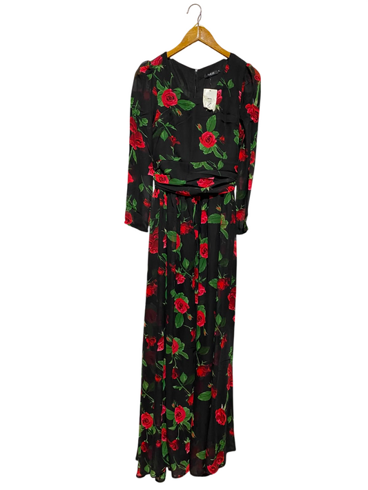 FINEJ |M| BUST 16| B49| BLACK AND RED ROSE PRINT V-NECK MAXI DRESS WITH RUFFLED WAISTBAND AND LONG SLEEVES