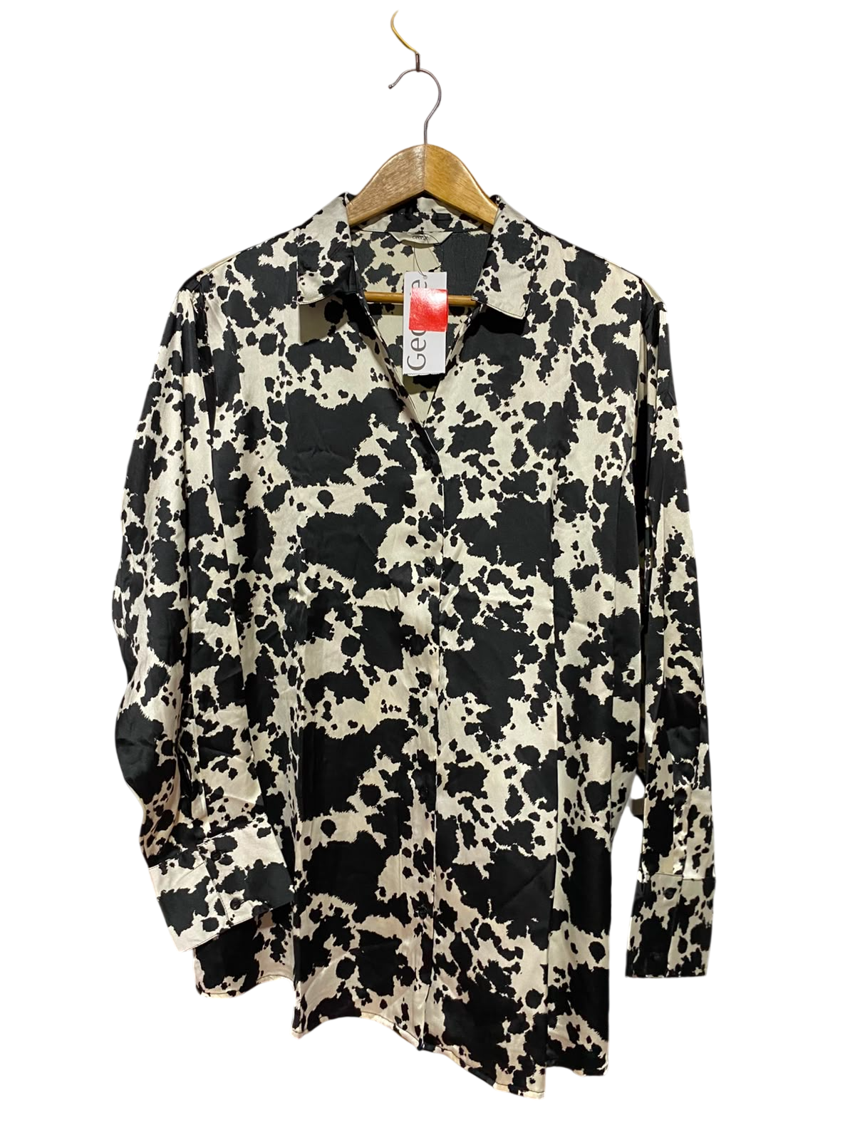 GEORGE |XL| BUST 27| B49| BLACK AND WHITE COW PRINT SATIN BUTTON-DOWN LONG SLEEVE BLOUSE