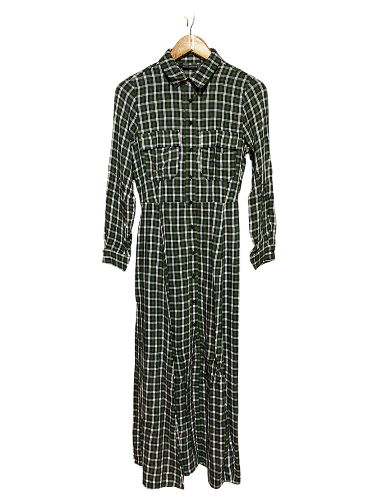 ZARA WOMAN |XS| BUST 17| B49| GREEN AND BLACK CHECKERED BUTTON-DOWN MAXI SHIRT DRESS WITH POCKETS