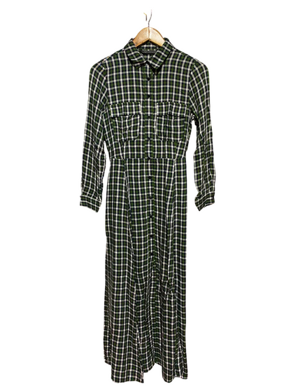 ZARA WOMAN |XS| BUST 17| B49| GREEN AND BLACK CHECKERED BUTTON-DOWN MAXI SHIRT DRESS WITH POCKETS