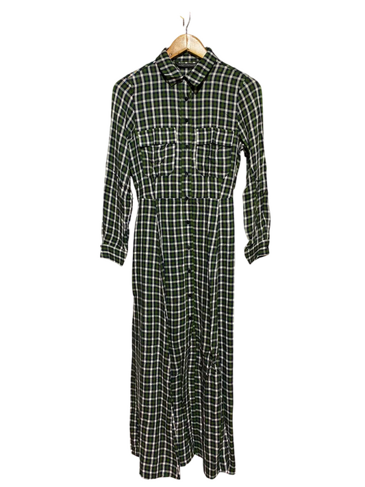 ZARA WOMAN |XS| BUST 17| B49| GREEN AND BLACK CHECKERED BUTTON-DOWN MAXI SHIRT DRESS WITH POCKETS