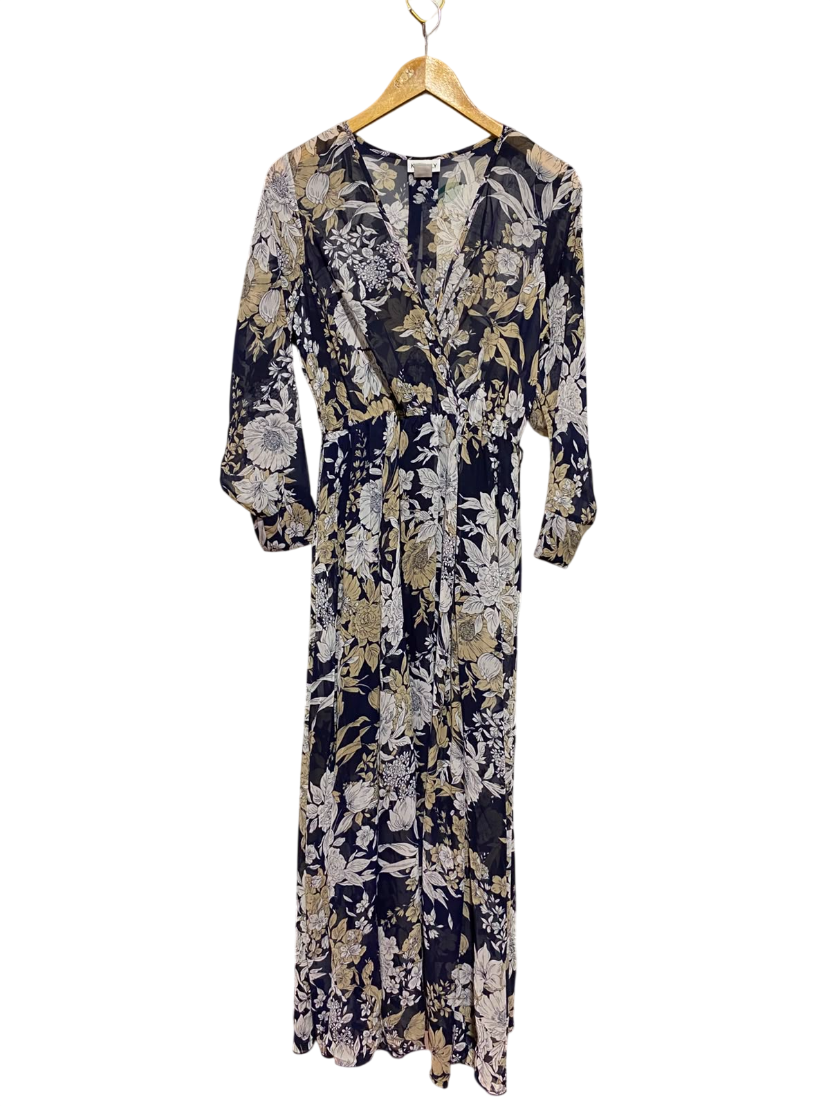 KATE LILY |M| BUST 18| B49| MONOCHROME AND SAGE FLORAL V-NECK WRAP MAXI DRESS WITH THREE-QUARTER SLEEVES