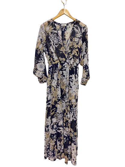 KATE LILY |M| BUST 18| B49| MONOCHROME AND SAGE FLORAL V-NECK WRAP MAXI DRESS WITH THREE-QUARTER SLEEVES