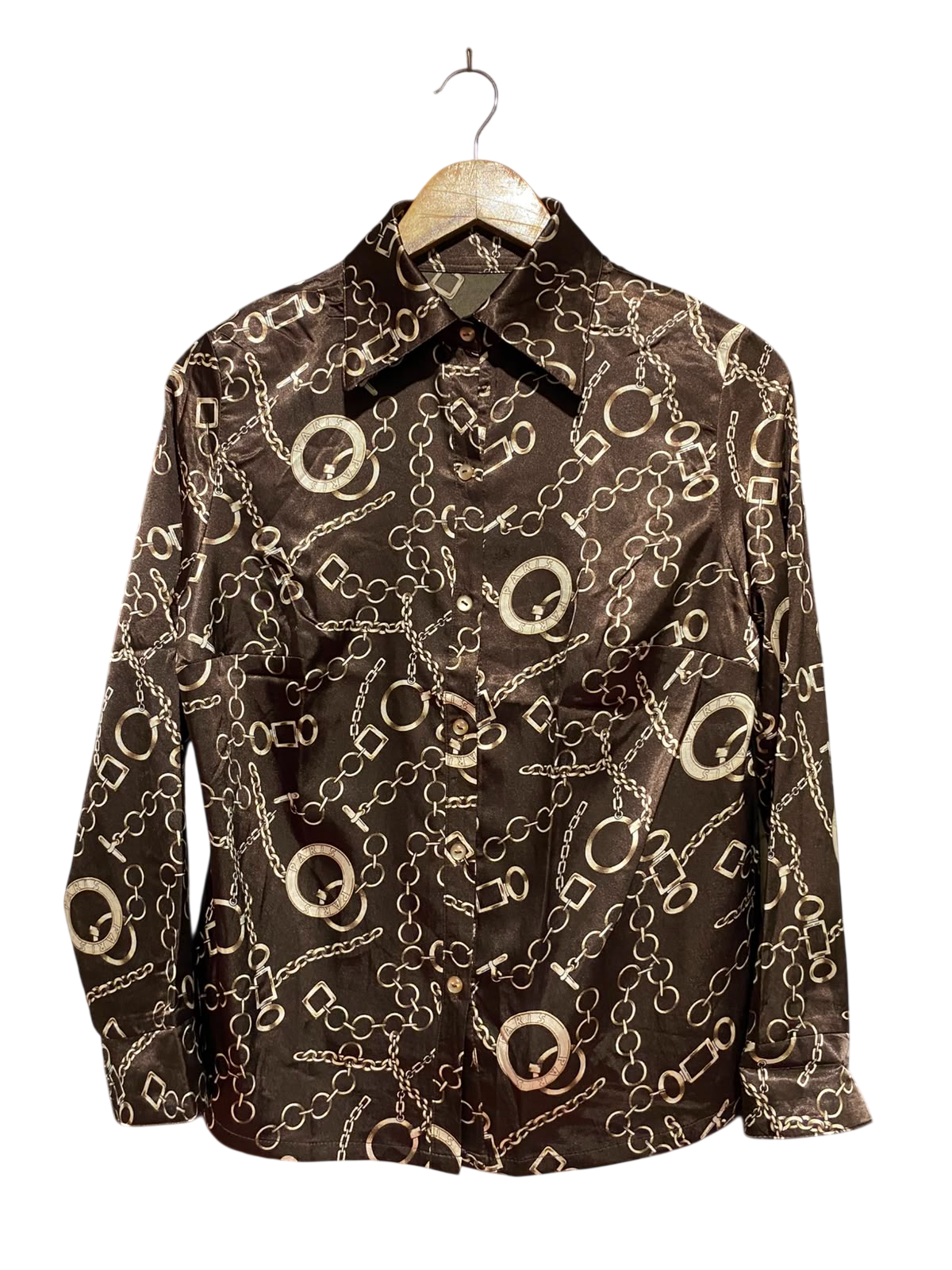 |L| BUST 19| B49| LUXURIOUS CHOCOLATE BROWN SATIN BUTTON-DOWN BLOUSE WITH VINTAGE GOLD CHAIN PRINT