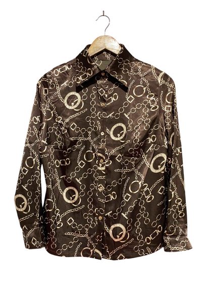 |L| BUST 19| B49| LUXURIOUS CHOCOLATE BROWN SATIN BUTTON-DOWN BLOUSE WITH VINTAGE GOLD CHAIN PRINT
