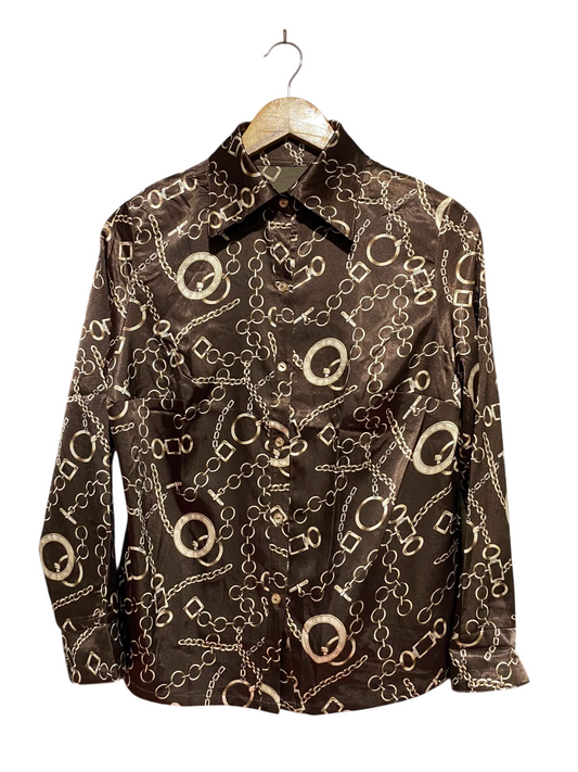 |L| BUST 19| B49| LUXURIOUS CHOCOLATE BROWN SATIN BUTTON-DOWN BLOUSE WITH VINTAGE GOLD CHAIN PRINT